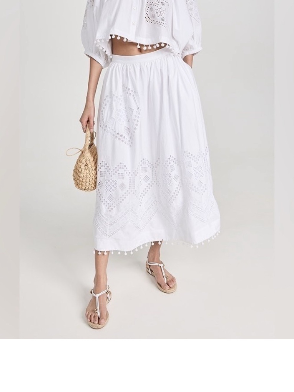 RHODE Mayla White Eyelet Maxi Skirt with Pom Hem